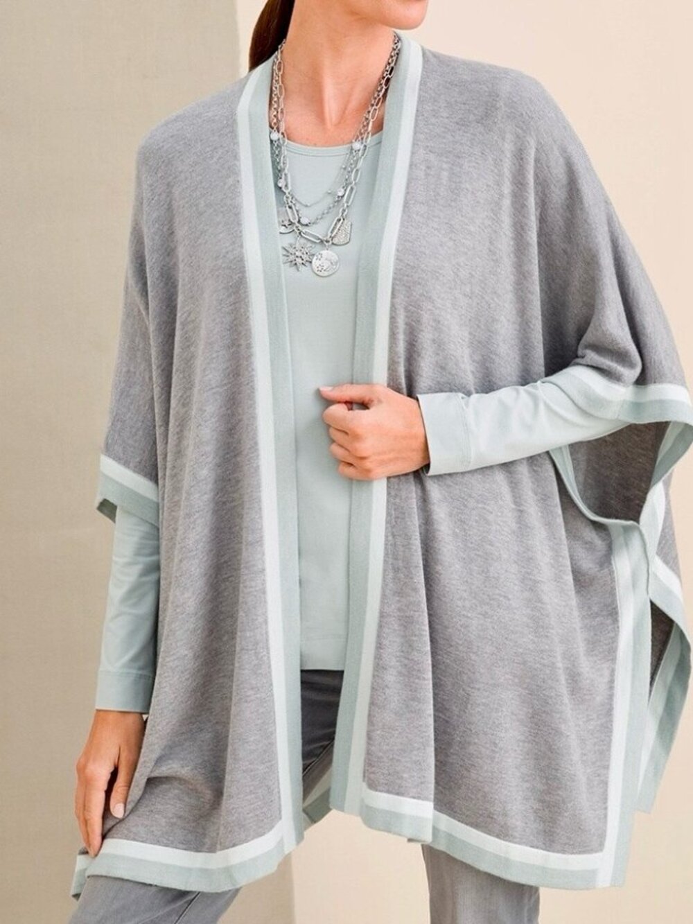 Chico’s Tipped Ruana Wrap Sweater Open Front Poncho Cashmere blend Knit L/XL
